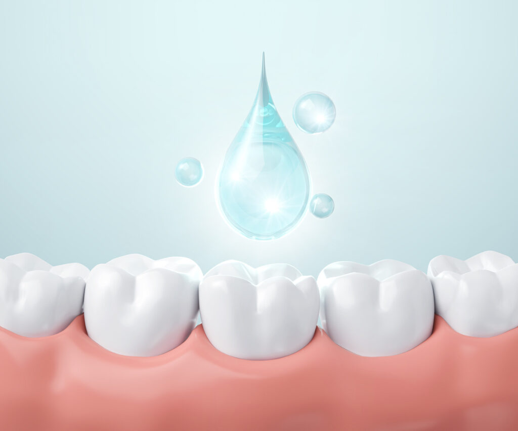 Healthy gums and teeth with fluoride Liquid Bubble Protect and Cleaning. Oral hygiene and Dental concept, 3d rendering.